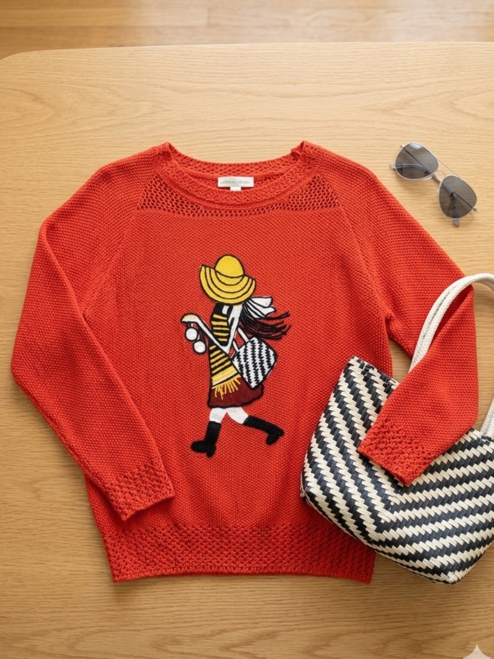 Vintage Tomato Red Embroidered Girl Hat Intarsia Textured Knit Lace Trim Sweater